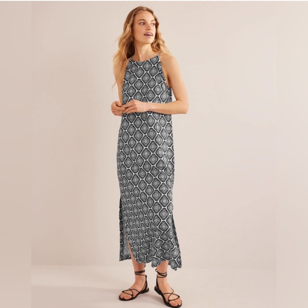 Boden Jersey Knit Cotton Racerback Midi Dress Black & White Medallion Print